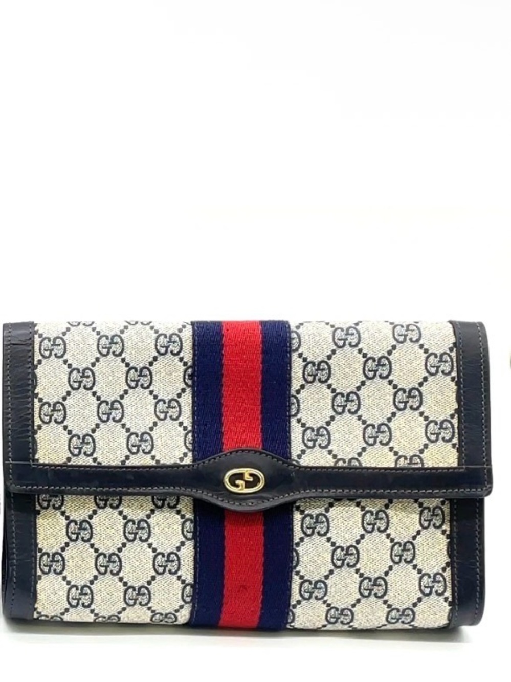Auth Gucci GG Supreme PVC
Leather Navy Clutch
